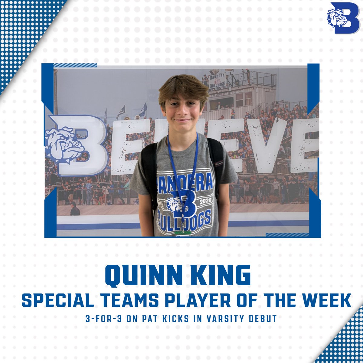 Congratulations to our Week 1 players of the week!

Offense — Jesse Cardenas 
Defense — Jorge Cabasos and Dylan Gherman 
Special Teams — Quinn King 
Scout Team — Caleb Tippit 

#BELIEVE #WeAreOne