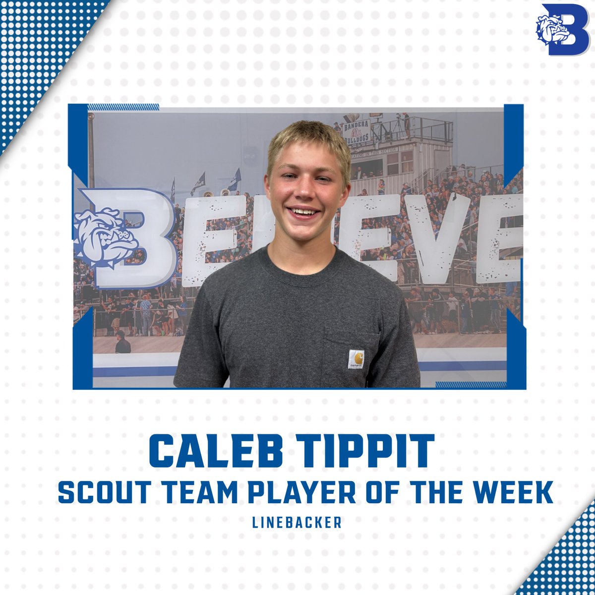 BanderaFB's tweet photo. Congratulations to our Week 1 players of the week!

Offense — Jesse Cardenas 
Defense — Jorge Cabasos and Dylan Gherman 
Special Teams — Quinn King 
Scout Team — Caleb Tippit 

#BELIEVE #WeAreOne https://t.co/zMJ3cDP4n1
