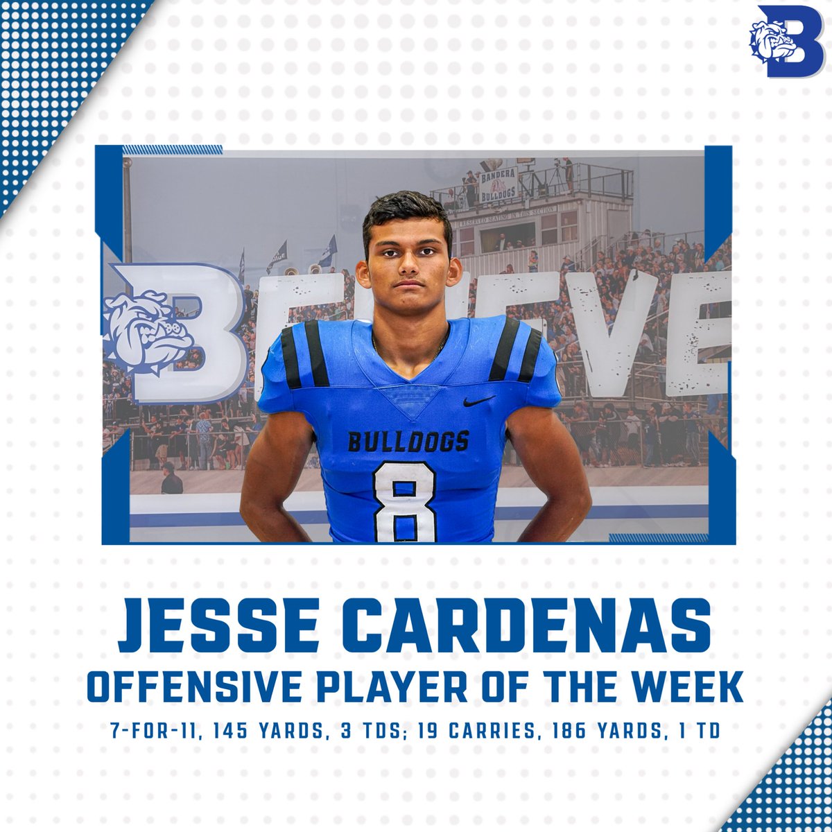 BanderaFB's tweet photo. Congratulations to our Week 1 players of the week!

Offense — Jesse Cardenas 
Defense — Jorge Cabasos and Dylan Gherman 
Special Teams — Quinn King 
Scout Team — Caleb Tippit 

#BELIEVE #WeAreOne https://t.co/zMJ3cDP4n1