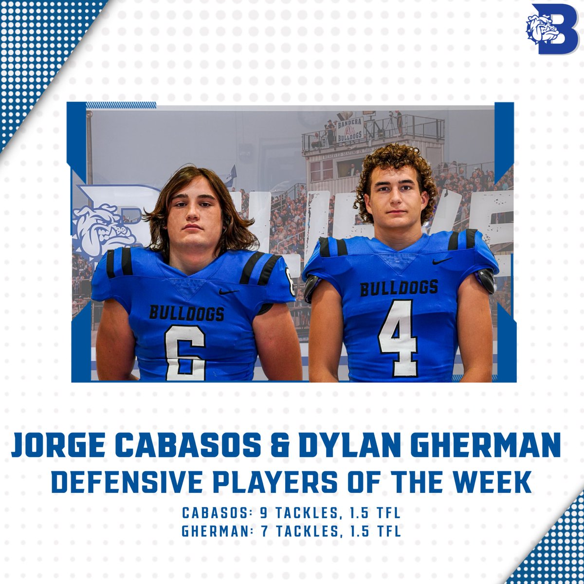 BanderaFB's tweet photo. Congratulations to our Week 1 players of the week!

Offense — Jesse Cardenas 
Defense — Jorge Cabasos and Dylan Gherman 
Special Teams — Quinn King 
Scout Team — Caleb Tippit 

#BELIEVE #WeAreOne https://t.co/zMJ3cDP4n1