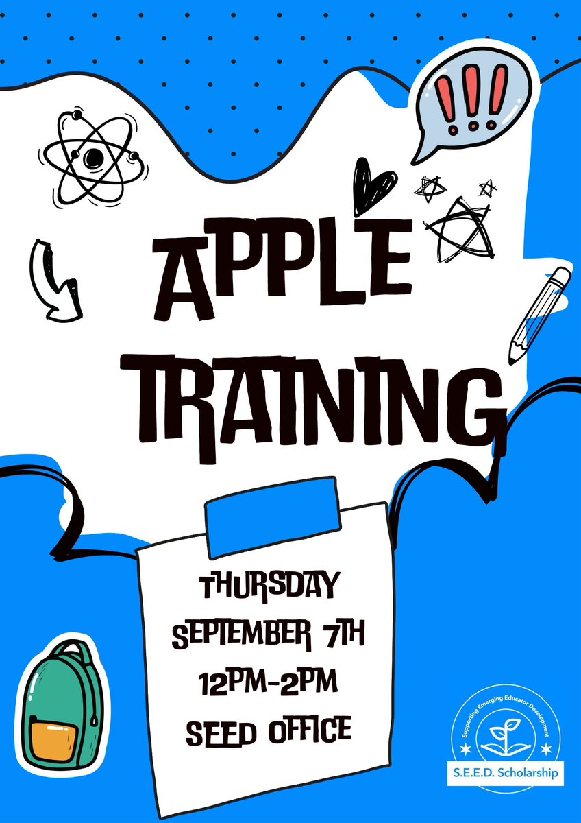 With Apple technology SEED scholars are working to change the way teachers teach. Scholars APPLE TRAINING is here!!! 💵💸 Don't miss out on the $250 completion incentive💵💸 
Location: Truman College SEED Office (Main Building 2143)
Date: September 7th, 2023
Time: 12pm-2pm