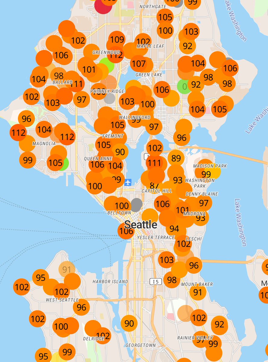 AmandaConsSci's tweet photo. Can any #wildfire #smoke #airquality folks tell me why https://t.co/Z11Gl1zhZa is giving consistently lower AQI than https://t.co/sgiHP3Gekp?  e.g. Right now AirNow puts Seattle's AQI at 70, but PurpleAir shows most sensors >100 https://t.co/iTS5LhCQJV
