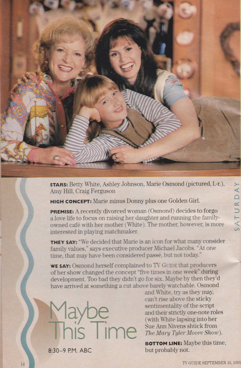 TVGFPI's tweet image. MAYBE THIS TIME. 1995. 

Betty White, Ashley Johnson, Marie Osmond, Amy Hill, Craig Ferguson. #MaybeThisTime #TVGuide