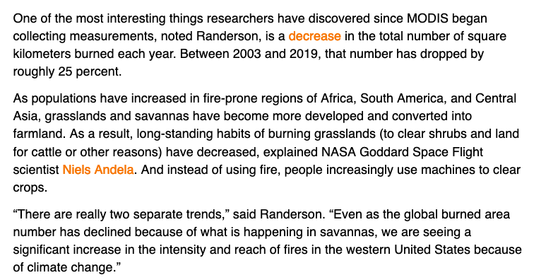 <a href="/shellenberger/">Michael Shellenberger</a> Dude. First, thanks for link to this! earthobservatory.nasa.gov/images/145421/…
But second, while it technically supports your assertion "And yet the amount of area burned annually by fire has declined [25%] over the last quarter-century", full context is different. Here's fuller quote: