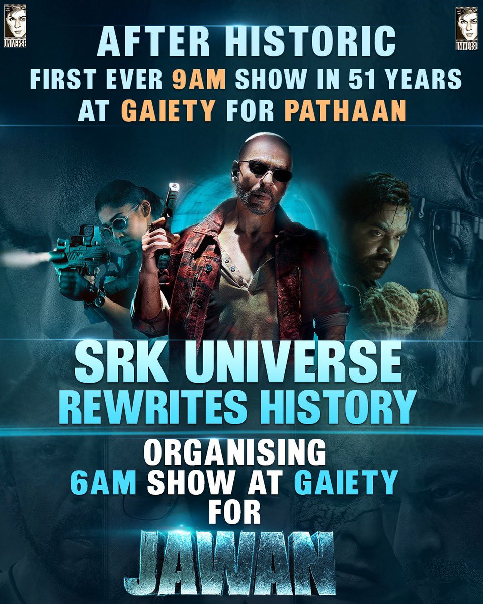 HISTORY CREATED ⚠️ 

@SRKUniverse Organising FDFS On #GaietyGalaxy At 6am, First Time In History Of This Theatre (6am Show) 🔥 

#Jawan Tsunami Loading