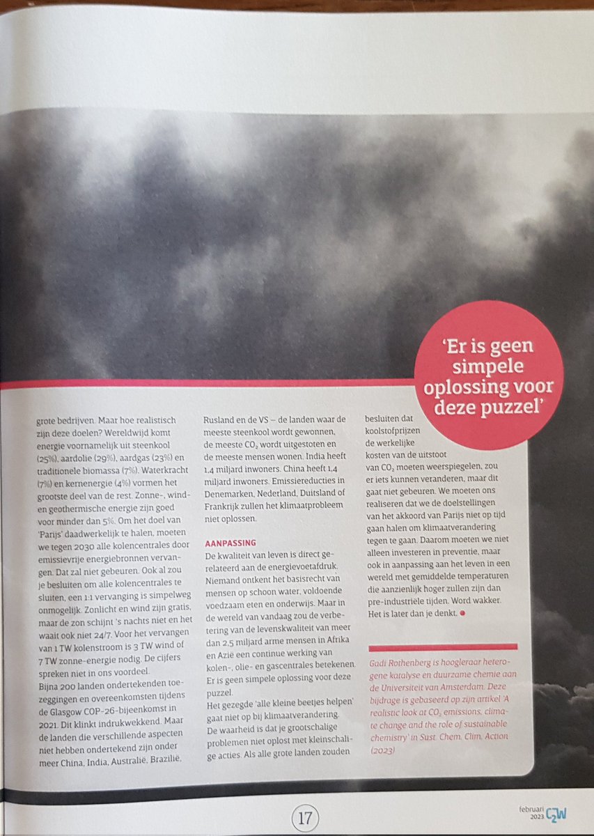 'Het gezegde 'alle kleine beetjes helpen' gaat niet op bij klimaatverandering' Artikel van Gadi Rothenberg, hoogleraar @UvA_Science over de #energietransitie in @Chem2W van maart 2023.