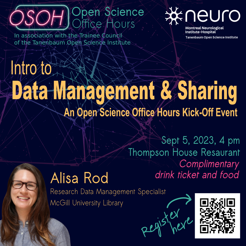 OSOH_McGill's tweet photo. Just about a week away! 
Start the semester right with OSOH kick-off event and intro to Data Management and Sharing seminar!

Free registration here: https://t.co/EWrdfAYbeF
#OpenScience https://t.co/QwFHqDpQ8J