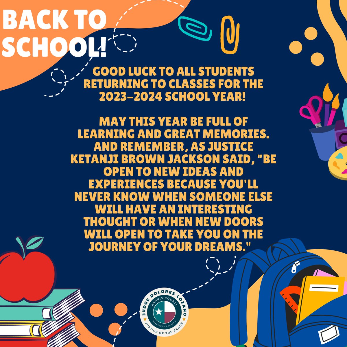 harriscojp2's tweet photo. Good luck to all students returning to classes for the 2023-2024 school year! May this year be full of learning and great memories! #JP22 #BackToSchool #KnowledgeIsPower https://t.co/SzuCwvY1NU