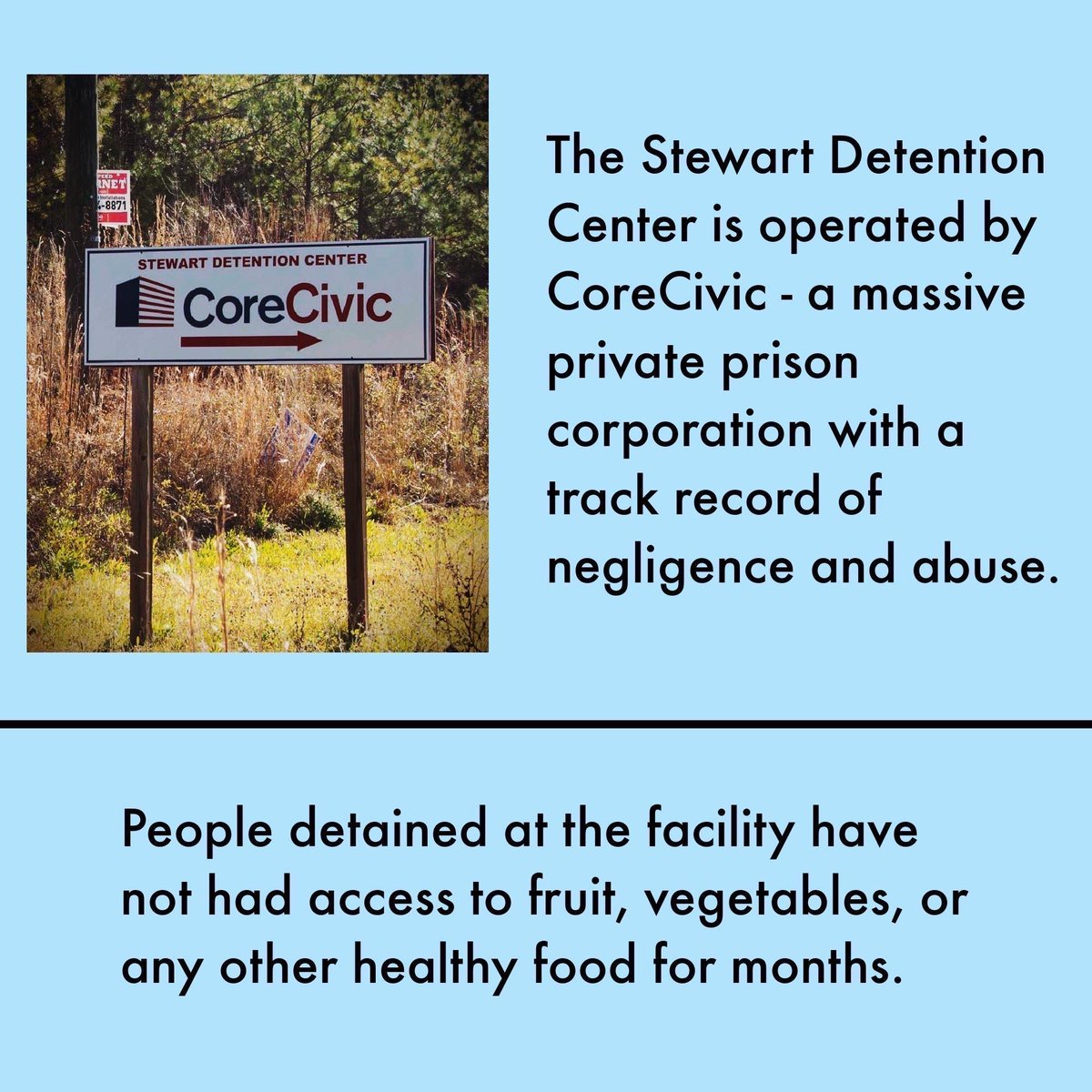 shutdownfipc's tweet photo. Call Stewart Detention Center today and demand safe food now!
Detainees at Stewart are on hunger strike. They are demanding healthy, safe food and no retaliation for their protest. https://t.co/b92eFgYjzy