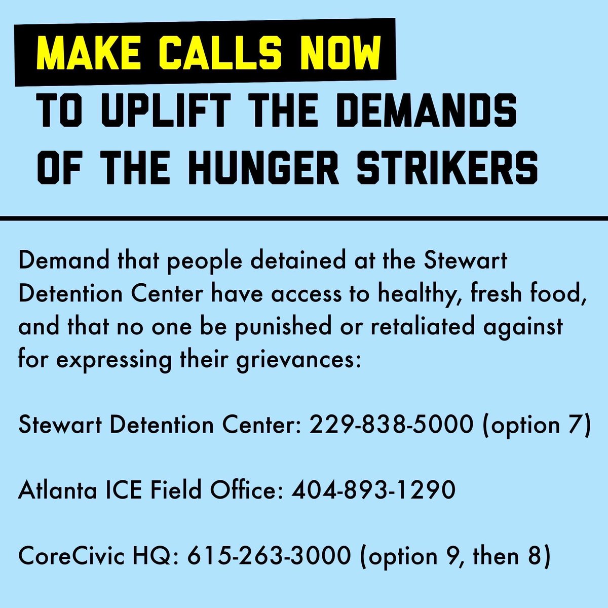 shutdownfipc's tweet photo. Call Stewart Detention Center today and demand safe food now!
Detainees at Stewart are on hunger strike. They are demanding healthy, safe food and no retaliation for their protest. https://t.co/b92eFgYjzy