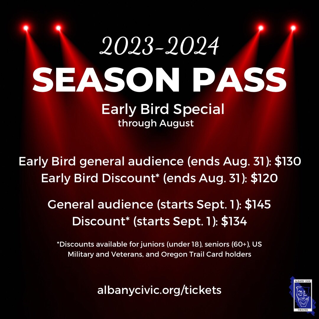 ⭐️ Take advantage of our early bird pricing available through the end of THIS Thursday, August 31! ⭐️ Albany Civic Theater’s 2023-2024 season subscriptions are on sale online.

#albanycivictheater #albanyOR #downtownalbany #albanyoregon #communitytheatre