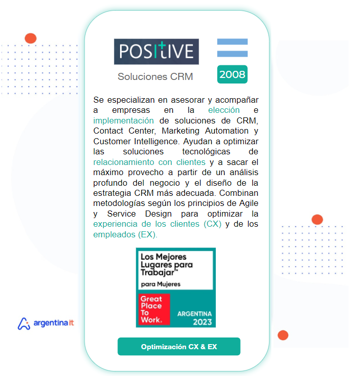 Les presentamos a Positive IT, una empresa especializada en asesorar y acompañar a empresas en la elección e implementación de soluciones de CRM, Contact Center, Marketing Automation y Customer Intelligence. Gracias por formar parte de nuestra Red!  #Software #SectorIT