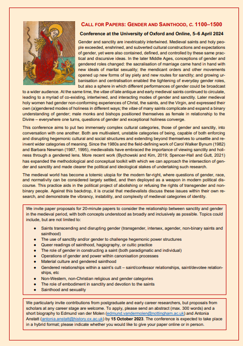 AnneEBailey1's tweet photo. CFP: Gender and Sainthood, c.1100-1500. https://t.co/OZmrZgJgrv