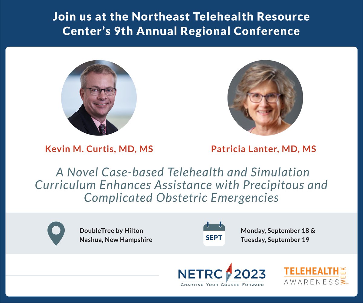 DHConnectedCare's tweet photo. Our very own Dr. Kevin Curtis &amp; Dr. Patricia Lanter are presenting at this year's NETRC Conference, which is being held September 18 &amp; 19 in Nashua, NH. #NETRC2023 #connectedcare #telehealth #teleEmergency #teleED https://t.co/QJ5MoT7n5v