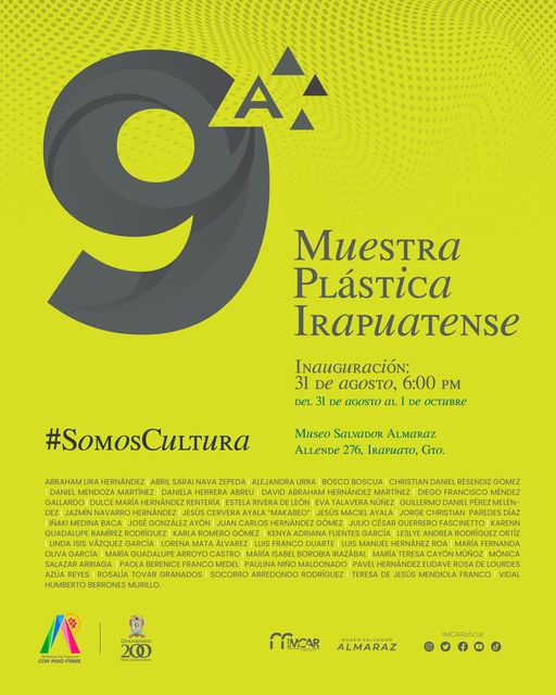 🎨¡Únete a la inauguración de nuestra 9a Muestra Plástica Irapuatense! Descubre el increíble talento local de nuestra gente en esta magnífica muestra de expresión artística y cultural, este 31 de agosto a las 6:00 PM. 📌 Museo Salvador Almaraz 🗓️ Jueves 31 de agosto 6:00 PM