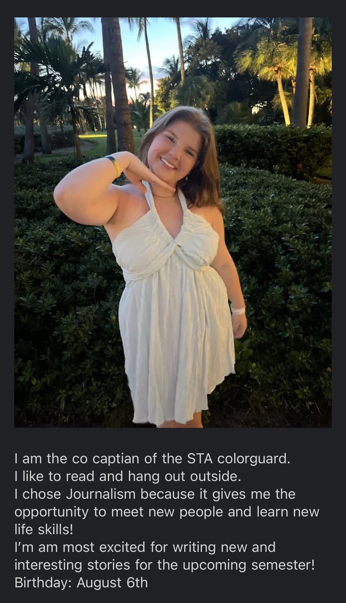 STAGataData's tweet photo. 📰🐊MEET THE GATA DATA STAFF!!! 🐊 📰 
Madelyn Long is an official editor of the Gata Data. She has been working with The Gata Data for 2 semesters and has done some good work if you ask me! https://t.co/L75nLjWzv8