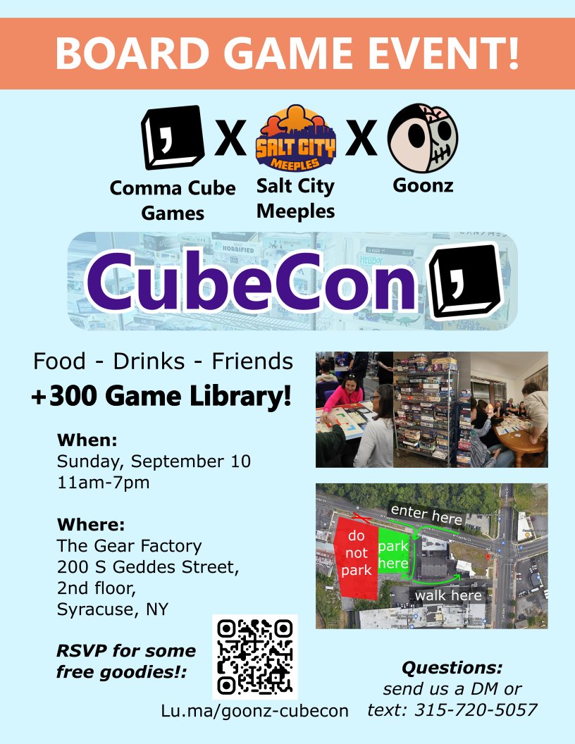 CubeCon! Come hang, play some board games, enjoy some foods, and get an exclusive sneak peak of some upcoming projects 😈👺

Sign up using the RSVP link for some free goodies!
lu.ma/goonz-cubecon

shout out to <a href="/saltcitymeeples/">Salt City Meeples</a> and <a href="/Goonz_World/">Now badbad</a> for helping make this happen ♥️