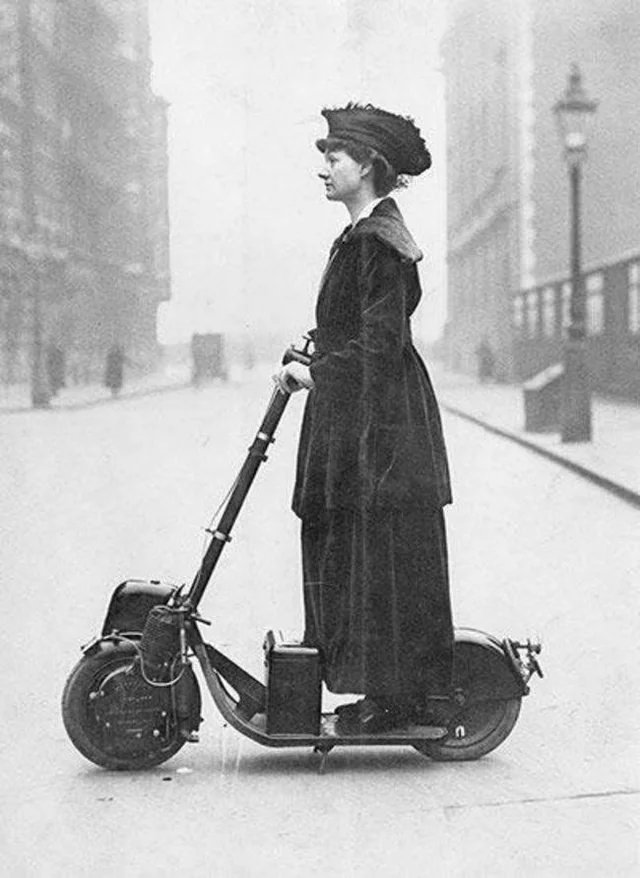 Lady Florence Norman, a suffragette, on her motor-scooter in 1916, travelling to work at offices in London where she was a supervisor. The scooter was a birthday present from her husband, the journalist and Liberal politician Sir Henry Norman.