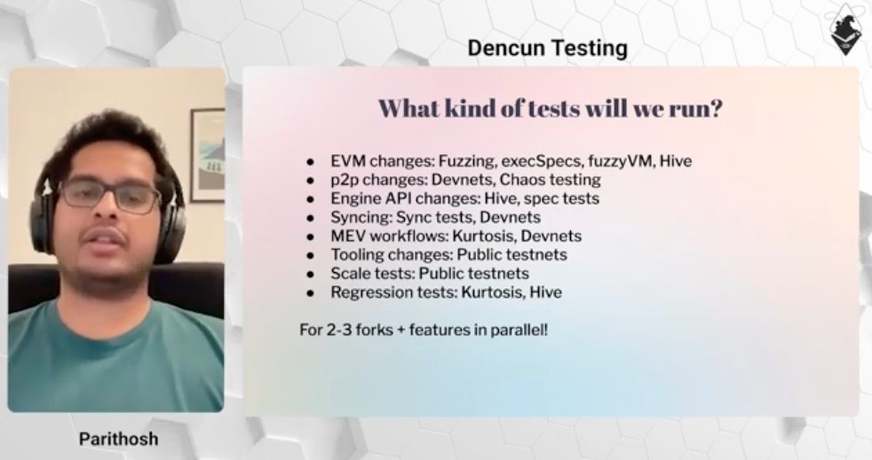 poojaranjan19's tweet photo. Recordong of #DencunTesting includes
- Meet @BarnabasBusa, @elbuenmayini @parithosh_j 
- Introduction to Dencun Testing
- Testing flow 
- What kind of test we will run? 
#PEEPanEIP #Dencun #Ethereum #Upgrade #TestingTheSurge https://t.co/1DB42anZz0