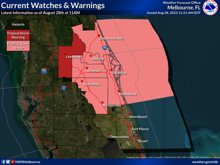 lakeemergency's tweet photo. National Weather Service Melbourne, Florida | 12:00 p.m. Update for Tropical Storm Idalia: a Tropical Storm Warning is now in effect for Lake County. Lake County has the highest chance of tropical storm force winds. For more information, visit: https://t.co/7i4ckfSZxK https://t.co/idcG9Txlor