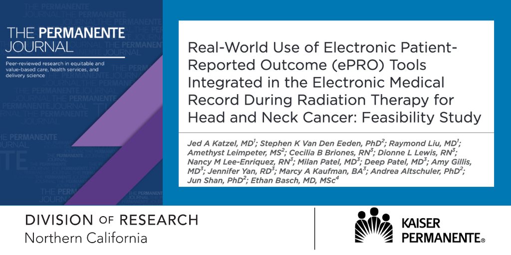 Now out in @PermanenteJ: @KPDOR @kpnorcal @PermanenteDocs @KPCancerRsrch team reports on real-world use of patient reported outcome tools integrated into electronic medical records during radiation therapy for patients with #headandneckcancer. Study: ibit.ly/Kybc-