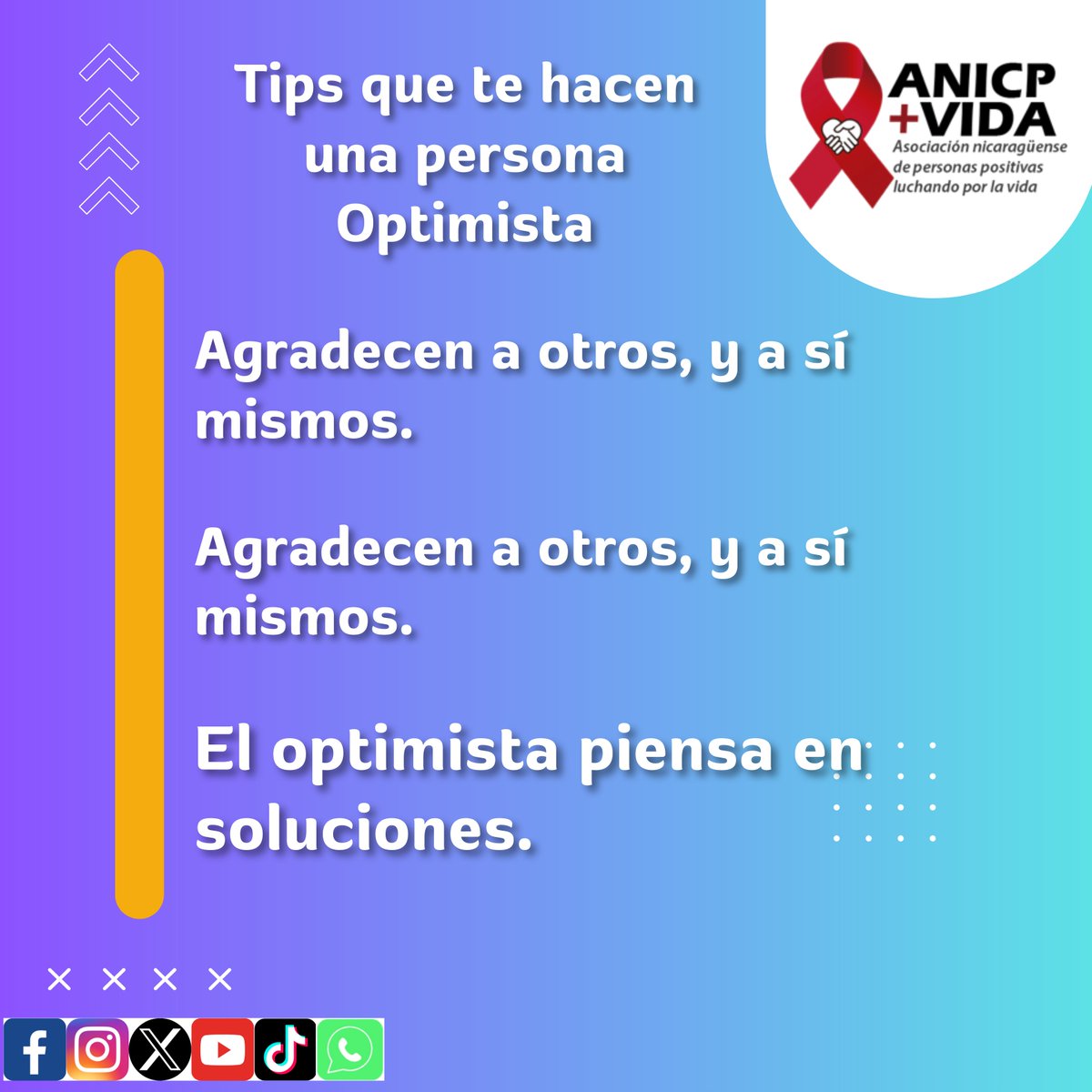 ANICPVIDA's tweet photo. Los #beneficios de ser optimista en la vida son muchos:
1. Los #optimistas gozan de mejor salud #física y #emocional.
2. Los optimistas son más #persistentes.
3. Los #optimistas están menos #estresados.
Quieres conocer otros #beneficios, síguenos para más #consejos.
#anicpvida https://t.co/cXXpb9M8CV