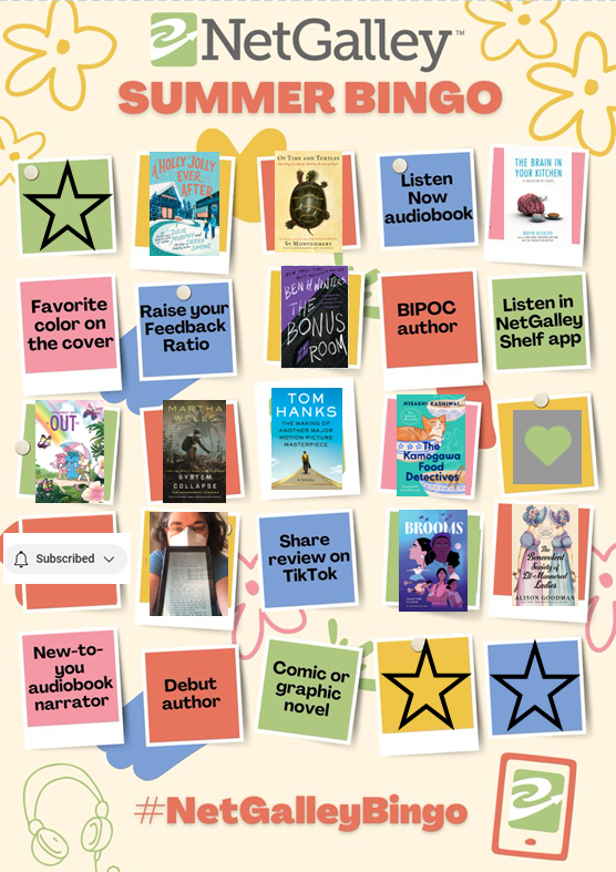 there we go!  #NetGalleyBingo across the middle row with #TheKamogawaFoodDetectives.  i'll be able to get one or two more before the end of the month!  only @NetGalley ARCs were used (although not all of them were new).