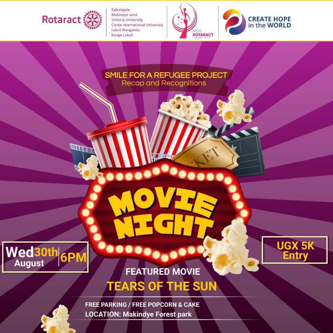 Moments☺️ 
A Smile for Refugees Project Recap and Movie night🌟🍿🎬
Join us to celebrate the success of our Project and Recognize all participants and Sponsors🙏
Hosted by RCT Makindye West🎉
Entry: UGX 5k
All clubs, Rotarians, and guests invited
#SmileForRefugees 
#CreateHope