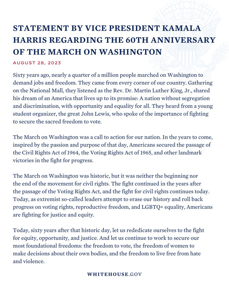 VP46Archive's tweet photo. Sixty years ago, nearly a quarter of a million people marched on Washington to demand jobs and freedom. The March on Washington was a call to action for our nation. Today, let us rededicate ourselves to the fight for equity, opportunity, and justice. 

Read my full statement: https://t.co/0rjMLFTfQb
