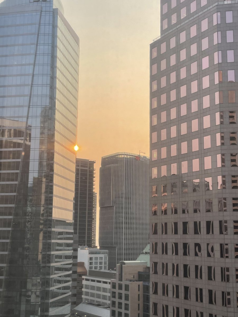 Sun rising and peaking through tall buildings 🌞