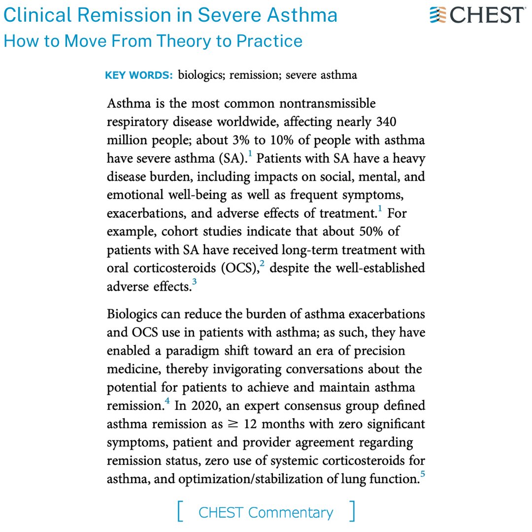 The latest #CHESTCommentary recommends that efforts be made to relegate the treat-to-failure approach and elevate the treat-to-target approach in managing #SevereAsthma. Read the article in the August issue: hubs.la/Q020jx0R0
#Asthma #MedEd #JournalCHEST