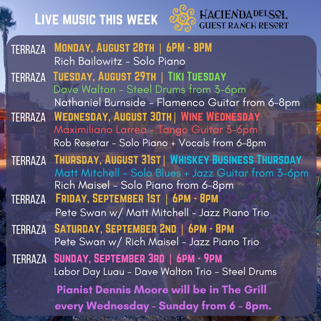 HaciendaDelSol1's tweet image. Take a look who is playing this week in our two restaurants! This will be the LAST week for our weekly specials at the Terraza, so if you haven't had the chance to come out this summer, now is the time! #livemusic #localmusicians