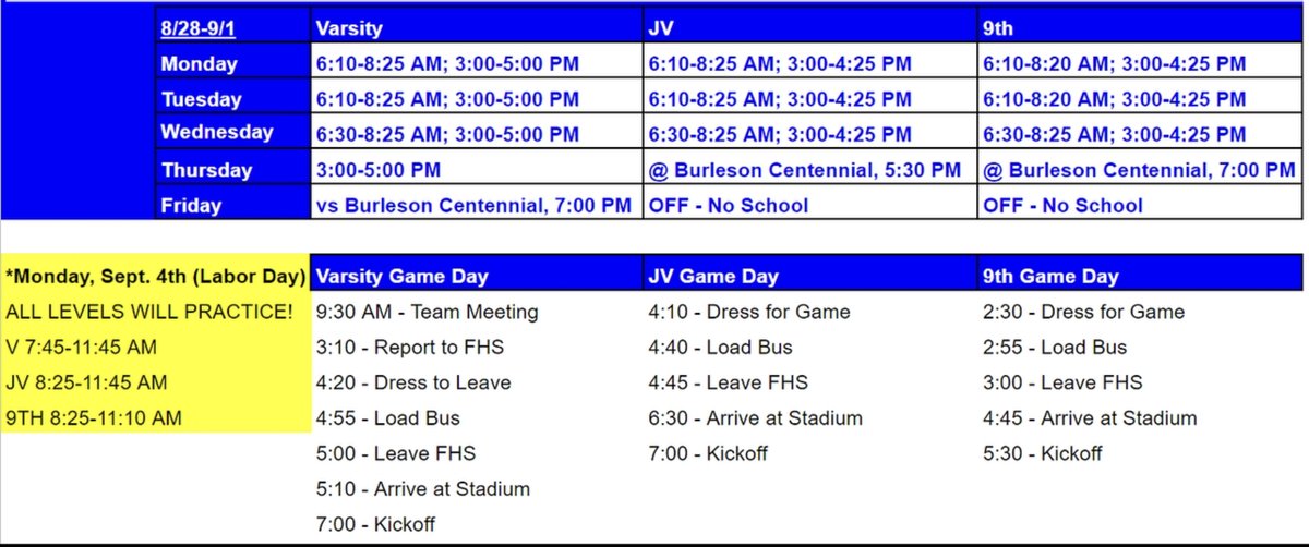 Practice schedule for the week of 8-28.