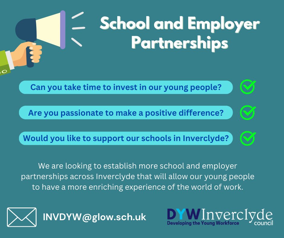 We are looking to establish more #EmployerPartnerships across @Inverclyde. We want our young people to benefit from the amazing experience and training that is available out there. Please get in touch with us via email if you think you can make a #positive difference!