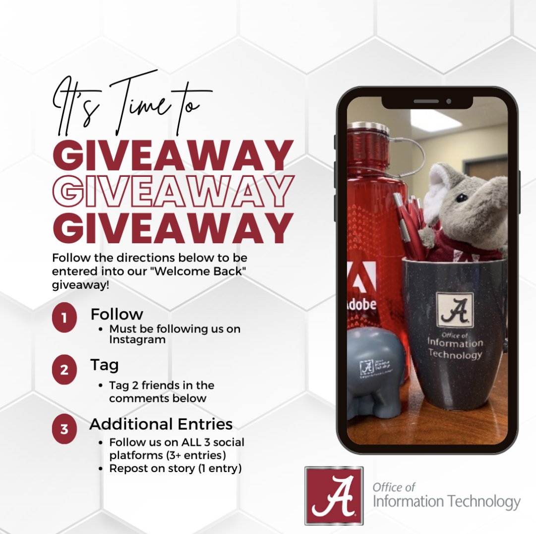 OITatUA's tweet photo. Hey @UofAlabama ! We are kicking off the new semester with a giveaway from OIT! 2 lucky winners will receive an OIT swag bag🤩🥳! 

Giveaway closes on September 3rd at 11:59p.m. and winners will be contacted September 4th! Enter today by following the directions below! https://t.co/x9nAZZQ3e5