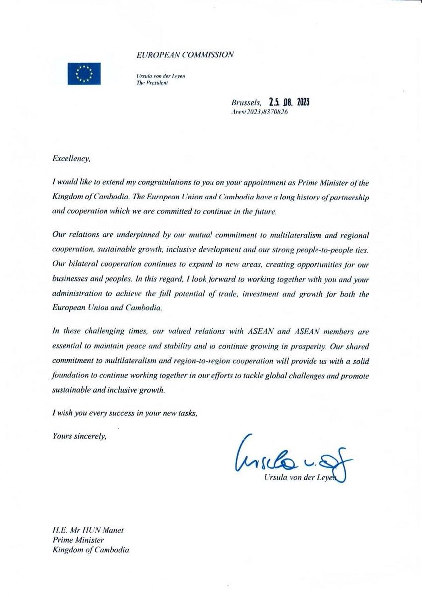 engvanda34's tweet photo. President of the #European Commission Ursula von der Leyen sent a congratulatory letter to #Cambodian prime minister #HunManet on his recent appointment. https://t.co/dsrmP2P0dC