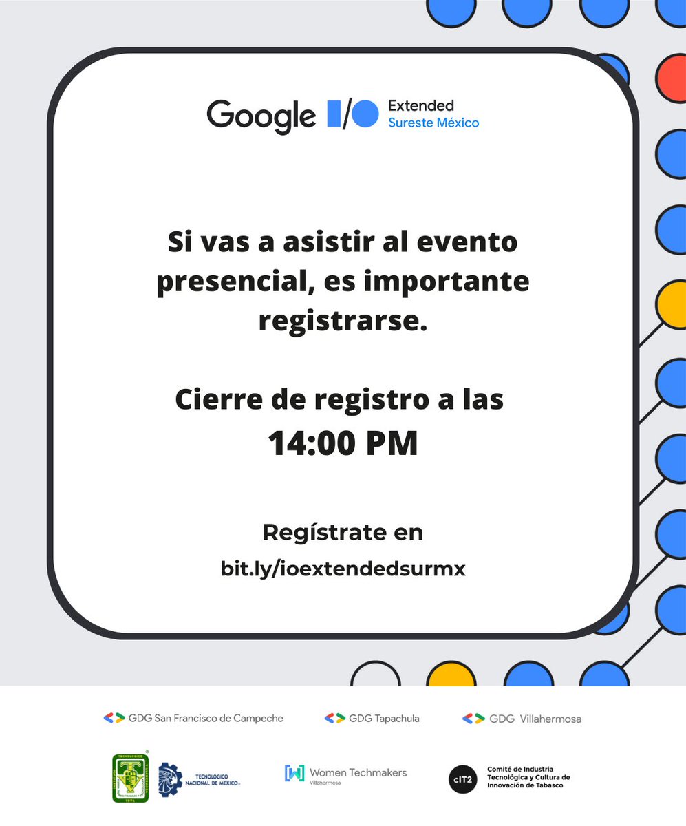 Si vas a asistir al evento presencial, es importante registrarse. 💥

Aún tienes de tiempo para registrarte, hoy cierre de registro a las 14:00 PM 💡

🚀 Registro abierto 👉🏼 bit.ly/ioextendedsurmx

#googleioextended #Googleio #ioextendedsurmx #ioextended2023 #ioextended