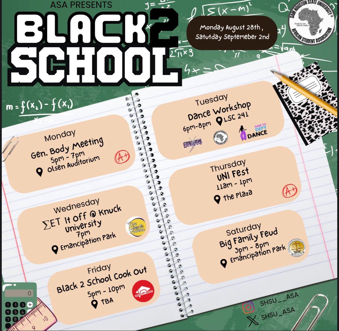 Wanna learn a couple of moves from your favorite dance orgs ? 👀 Stop by at <a href="/SHSU_ASA/">SHSU ASA</a> <a href="/EnviousDance/">Envious Dance Line✨</a> <a href="/Dare2defyD/">Dare 2 Defy 🦋</a> during our workshop Tuesday, August 29th from 6-8pm🤩