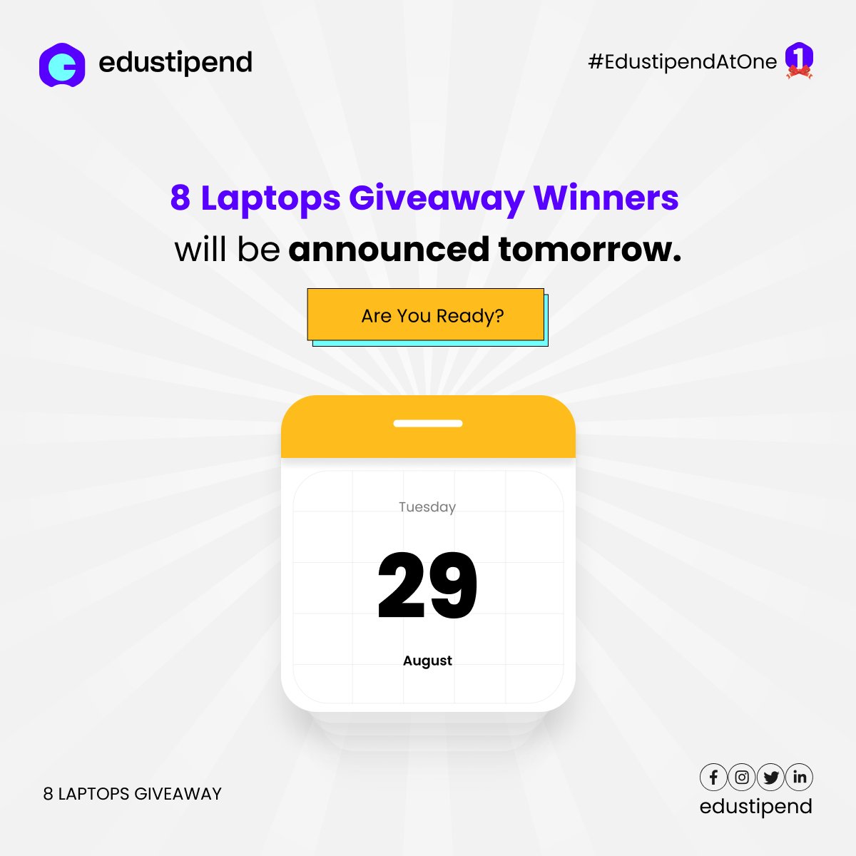 edustipend's tweet photo. 🚨 ANNOUNCEMENT 🚨
Hello there 👋🏽, the moment we've all been waiting for is almost here! 🎉.
We are excited to inform you that we will be unveiling the deserving winners of our 8 Laptops Giveaway tomorrow.
Are you excited? 🕺🏽💃🏽 Can you feel the anticipation building? https://t.co/bZSqT36ILQ