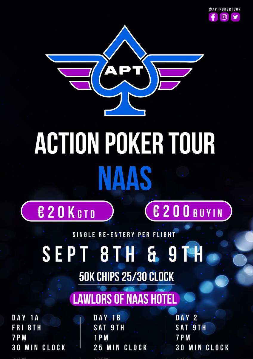 ♠️ Action competition ♠️

We are giving away a free buyin to one lucky punter for our Naas event 🙌 

Retweet, like and tag your poker friend to enter the competition to win €200 buyin 🔥

One person will be picked at random. 

Best of Luck 👍

#APT #WPTGlobal