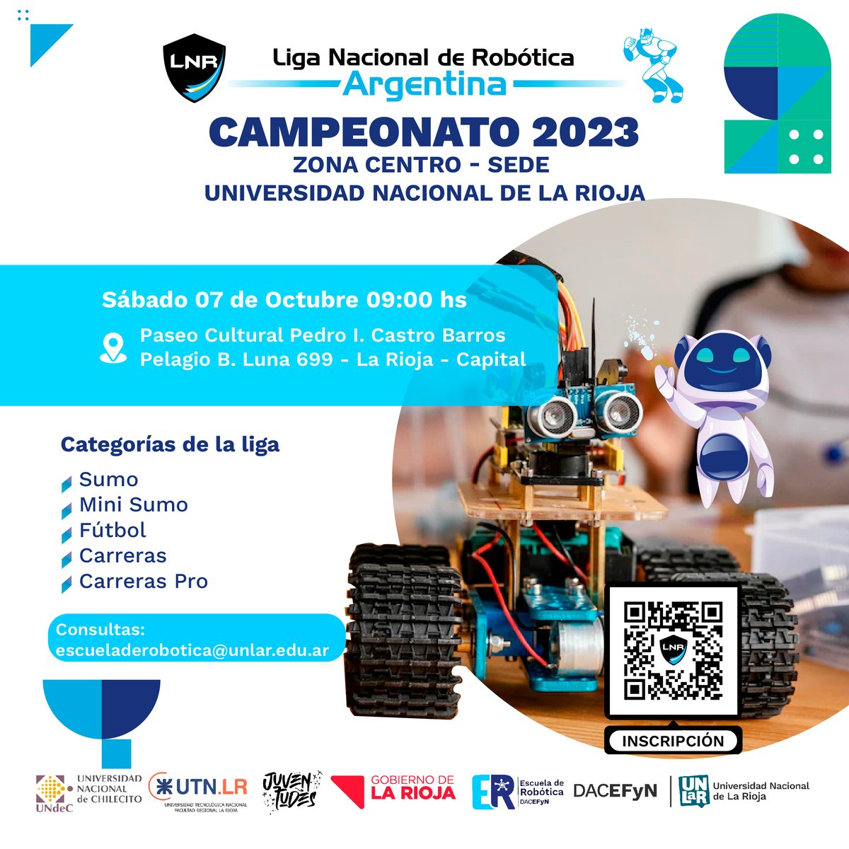 DacefynO's tweet photo. [#DACEFYN #Promociona la #Investigación la ##tecnológia y la #Innovación] Participa de la Competencia Nacional de Robótica Argentina - Sede UNLaR 2023, el día sábado 07 de octubre a partir de las 9:00 hs. en el Paseo Cultural Pedro Ignacio de Castro Barros. https://t.co/pINn2oYeEE