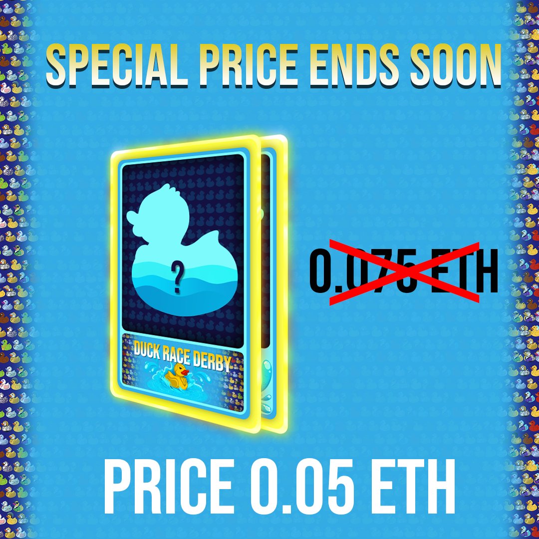 DuckRaceDerby's tweet photo. Ready, Set, QUACK! 🏁

Lock in your Racing Duck spot now for just 0.05 ETH on our exclusive whitelist. Public mint price jumps to 0.075 ETH 📊

Act fast, the pond is filling up! ⏰

Whitelist entry with a pond or secret link only 🔒

Join our Discord ⬇️
https://t.co/6GrF4kbGLn https://t.co/L89aQr2zZY