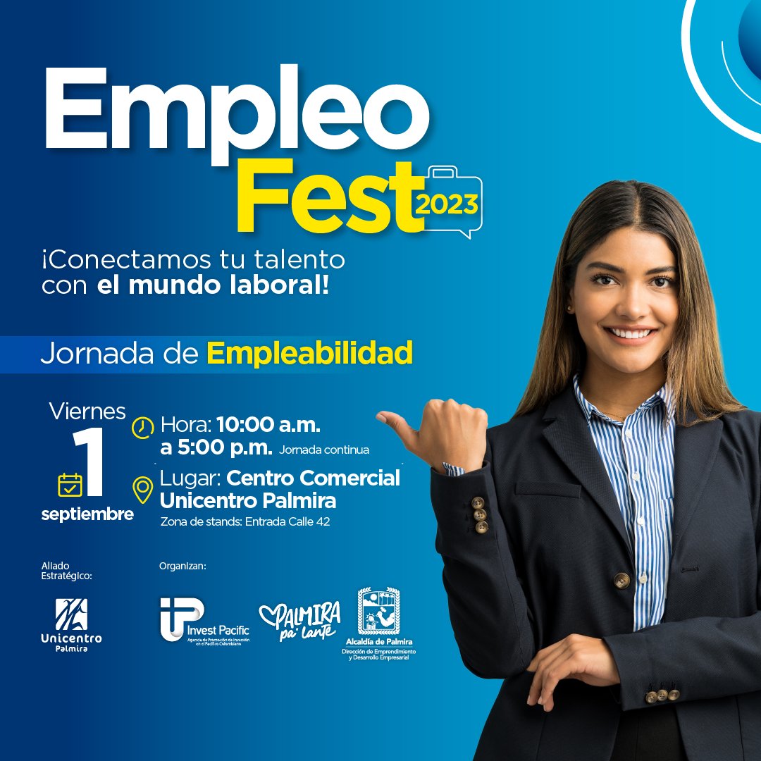 #TrabajoSiHay Una jornada de empleo sin ningún costo y abierta a todos los palmiranos podrás vivir este próximo 1 de septiembre en <a href="/UnicentroPal/">Unicentro Palmira</a>. Acércate en #EmpleoFest a las 1.231 vacantes para diversos perfiles que se estarán ofertando ➡ bit.ly/3L0RT3t