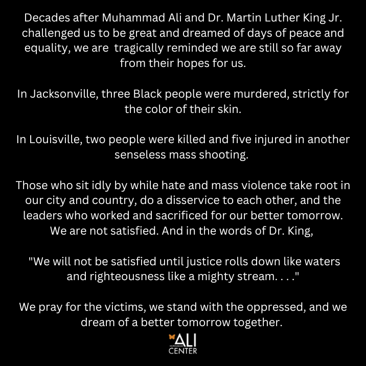 Statement from the Ali Center on this weekend's violence: