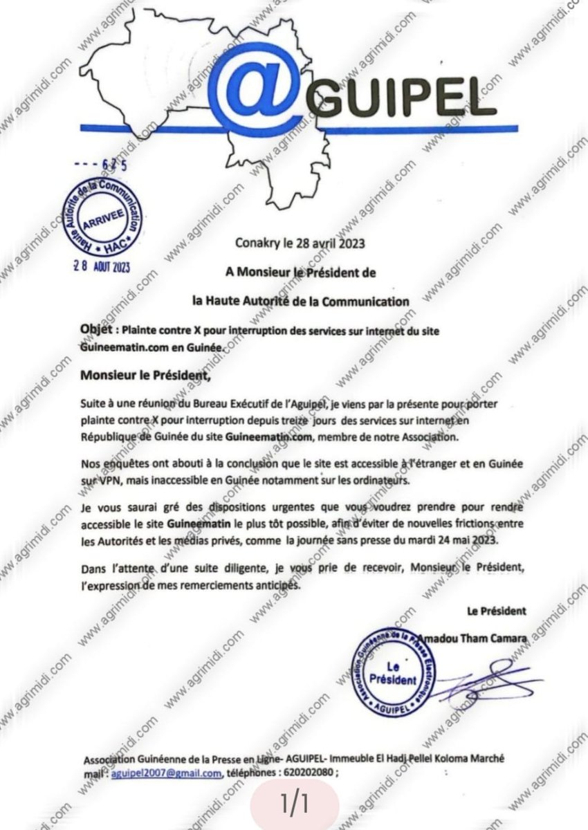Mamadousarkozy's tweet photo. #AGUIPEL porte plainte contre x pour l'inaccessibilité du site Guinée matin au niveau local. Apparemment la junte a bloqué le média en ligne.
Hâlte au muselement de la presse. https://t.co/G5KFYrNrES