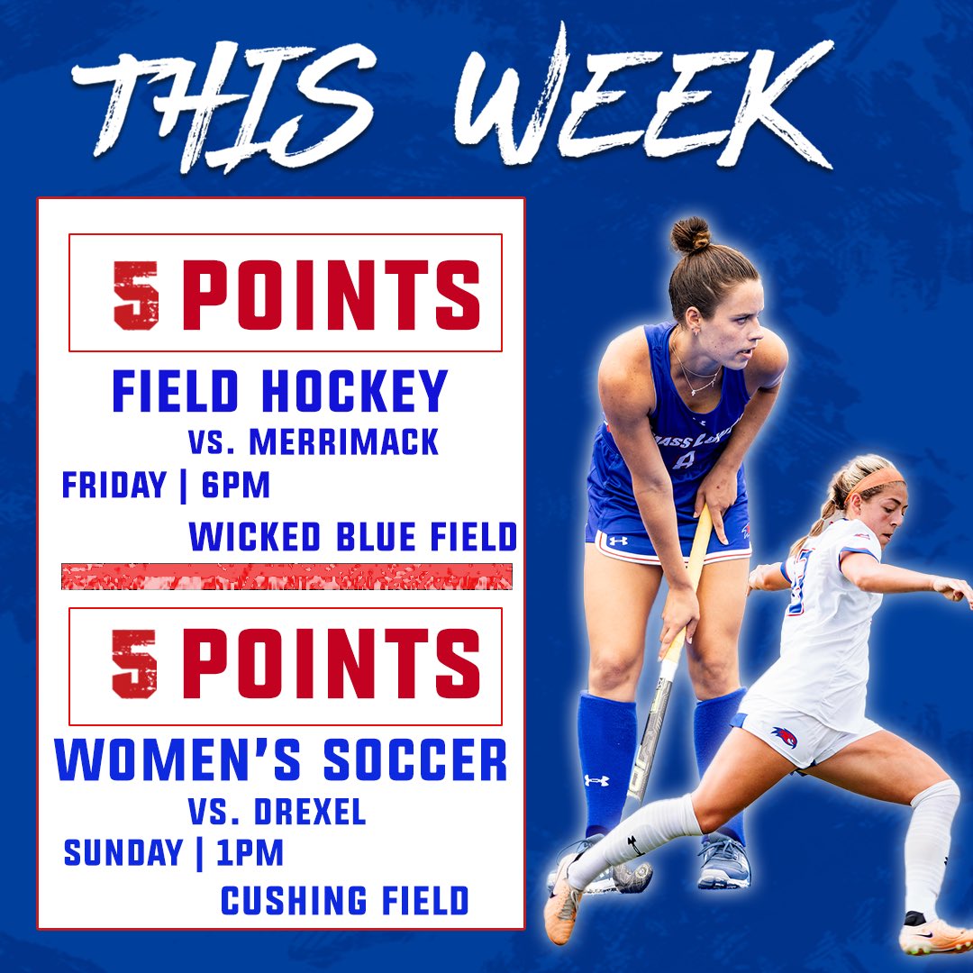 UMLRewards's tweet photo. Another week of River Hawks action, another week to earn some points! Come on down to Wicked Blue Field on Friday night @ 6pm to watch your Field Hockey team take on Merrimack! On Sunday, your Women’s Soccer team battles Drexel at Cushing Field @ 1pm. Sunday’s game is Jersey Day! https://t.co/kF4e4DLJF9