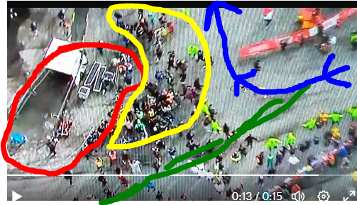 There was enough space but mistakes have been made, seems like ASO misjudged the speed the riders would have. 

Blue: Path open for the riders
Green: Wouldve been ideal path and prevented crash
Red: Stationary finishline camera (with barriers)
Yellow:Soigneurs

#Vuelta23 #Vuelta