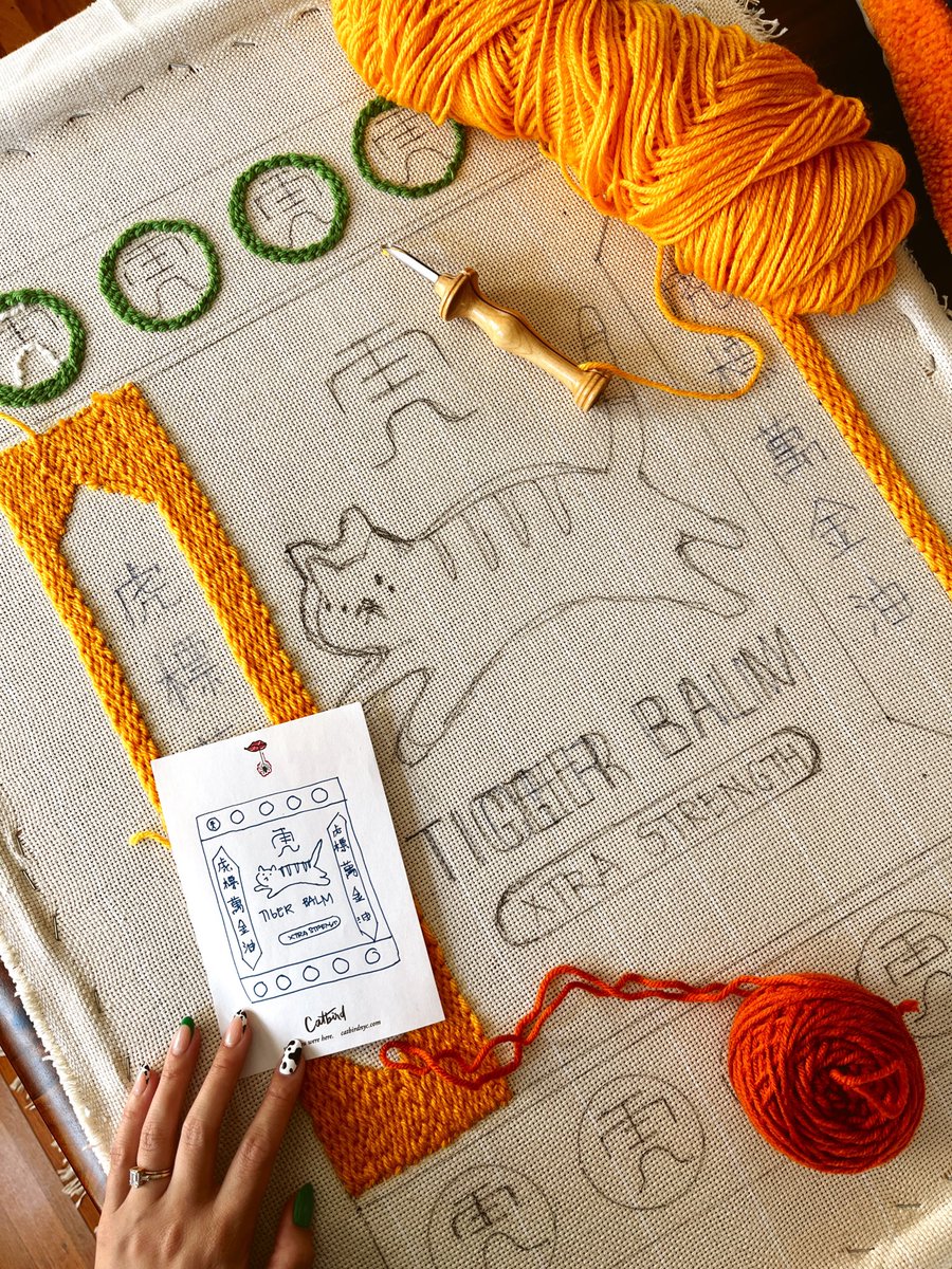 yescynfria's tweet image. I’m waiting on an order of tufting supplies so I’m free handing a fun punch needle tapestry during the down time! 🐯 

Rest assured it will not say tigger balm lol free handing spacing is hard and I do not believe in pencils