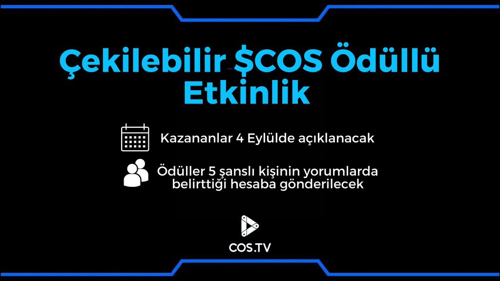 Etkinliğe Katılan Her Kişi Başına Ödül 10 $COS Artıyor😎

✅ Takip + RT et
✅ COS TV üye ol👇
cos.tv/account/regist…
✅ COS TV Mainnet hesap adını yorumlara yaz💬

Yorumlara gelen her farklı hesap sayısını 1️⃣0️⃣ $COS'la çarpıyoruz😍