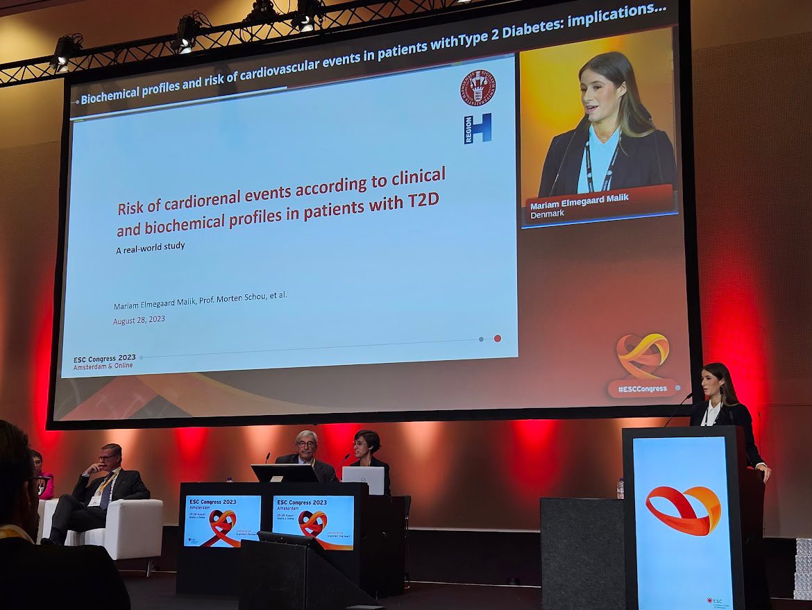 👏<a href="/MariamElmegaard/">Mariam Elmegaard</a> presented  her impressive study in light of the new ESC 2023 guidelines for the management of CVD in T2D.  Should we focus more on preventing cardiorenal disease in patients without established CVD and CKD 🤔? #ESCCongress  <a href="/cardio_dk/">Dansk Cardiologisk Selskab (DCS)</a> #DCS_ESC23 <a href="/mortschou/">morten schou</a>